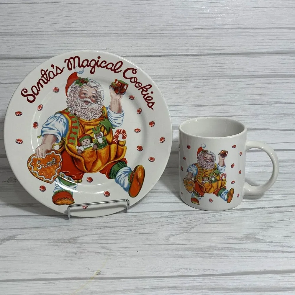 Vintage Santa's Magical Cookies Plate and Mug Cup Set Stoneware Christmas Decor